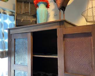 Interior of vintage tin front pie safe