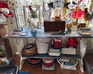 Metal top trestle table, enamel ware