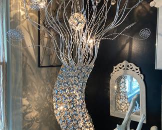 Look at this fabulous lamp all lit up! Crystals and spheres! 70” tall x 45” wide