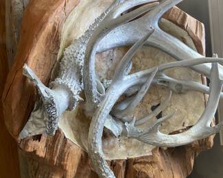Very heavy wooden bowl with painted antlers