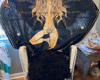 Peacock chair with Wild Child throw and faux fur pillow!