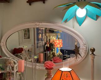Vintage beveled painted mirror, fun painted metal flower lamp