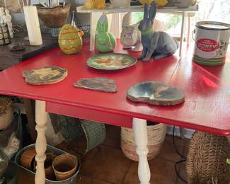 Painted double drop leaf table opened in the kitchen, bunny decor