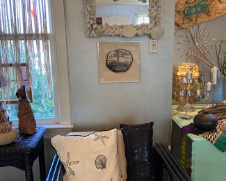 Painted rattan chair, one of two, fabulous shell mirror