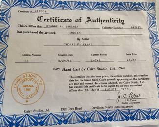 Certificate of Authenticity for hand cast Indian by Thomas F. Clark
