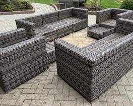 85. All Weather Wicker Conversation Set (Sofa, 2 Chairs & Ottomans, 3 pc Sectional Sofa and
Side Table w/ Protective Glass Top (No Cushions)