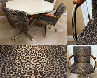 1980s Retro Formica Game Table & 4 tilt rolling chairs W/Leopard Upholstery