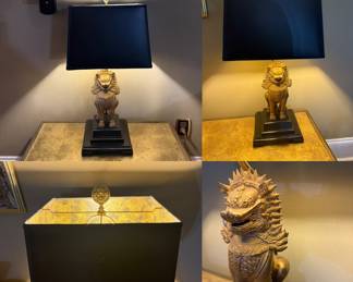 Pair Foo Dog, table lamps, likely from the 1960s featuring a bronze or gilded statue, custom Lamp Shades/Finials