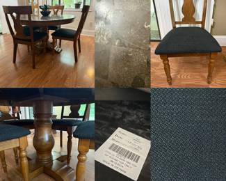52” Round Stone Top Pedestal Dining Table & 4 Chairs Black Upholstered Seats