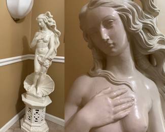 Vintage 80’s White Painted Plaster Birth of Venus Aphrodite Statue and Pedestal