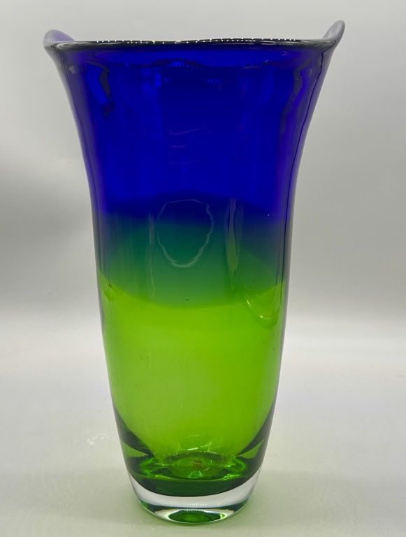 Large Blue / Green Art Glass Flower Vase