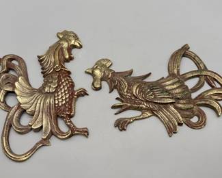 Pair Brass-Look Game Cock Wall Plaques