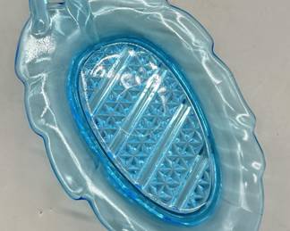 Vintage Blue Pressed Glass Leaf Plate