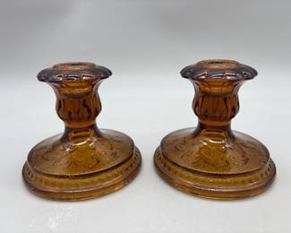 (2) Vtg. Amber Sandwich Glass Taper Candlesticks