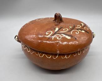 Huasca-Style Glazed Pottery Round Bowl w/ Lid