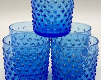 (5) Vintage Blue Hobnail Glass Flat Tumblers