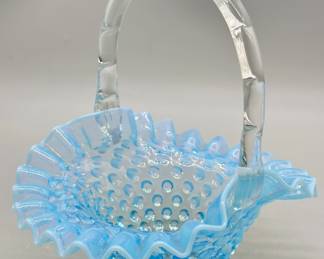 Fenton Blue Opalescent Hobnail Basket Clear Handle