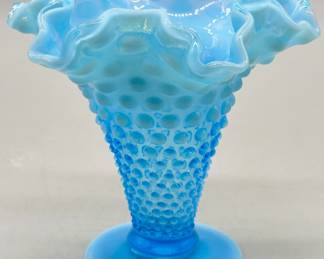 Fenton Blue Opalescent Hobnail Footed Vase w/ Ruffled Edge