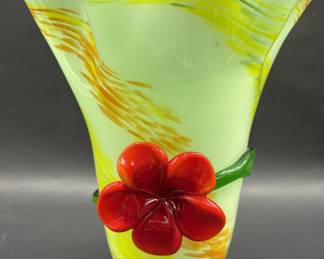 Green & Yellow Footed Vase w/ Applied Red Flower