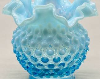 Vtg. Fenton Opalescent Blue Hobnail Ruffled Vase