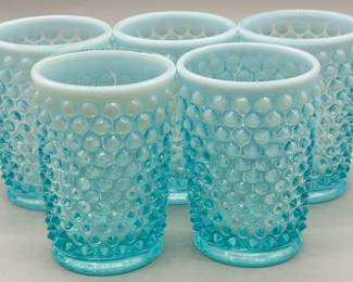 (6) Vintage Fenton Opalescent Blue Hobnail Glasses