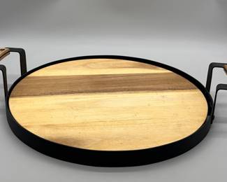 Round Wooden Charcuterie Board in Metal Carrier