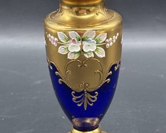 Cobalt Blue Glass w/ Gold & Enameled Flowers Vase