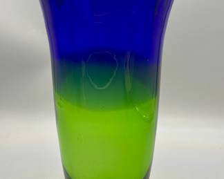 Large Blue / Green Art Glass Flower Vase