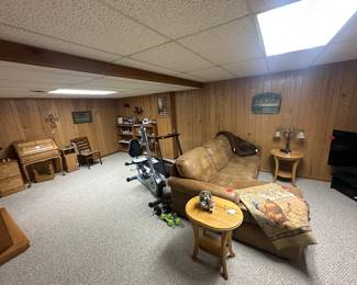 Oak Secretary, chaise sofa, exercise equipment 