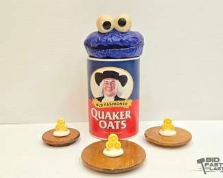 1930  Quaker Oats Jar with Cookie Monster Lid  3 Extra Lids 