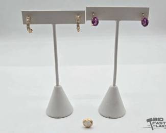 808  5 10k Gold Earrings with Opal, SemiPrecious Stones and Rhinestones, 4.64g 