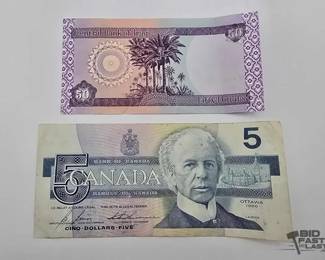 1706  50 Dinars Iraq Bill and 5 Dollar Canada Bill 