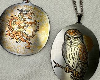 Reed & Barton Damascene dragon and owl pendant necklaces