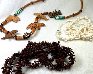 Wood, shell and cocoa bean necklaces