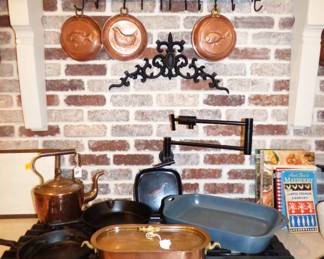Cast Iron skillets, 1 is a Wagner, Copper Food Molds & Fish cooker