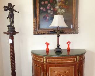 French Commode with inlay work & marble top, (See next 2 pictures)