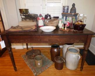 Primtive Farm Table, Bishop Meansville signed jug & Crock