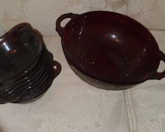 Cranberry glass bowl with 7 salads