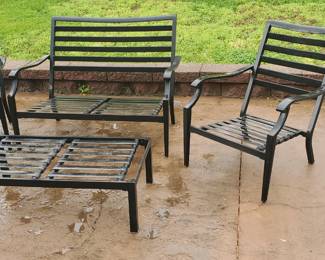 Sold separately or together, lightweight metal Settee, sides chairs, coffee table