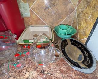 Mid-Century Hand Painted Cherry Pitcher with Glasses