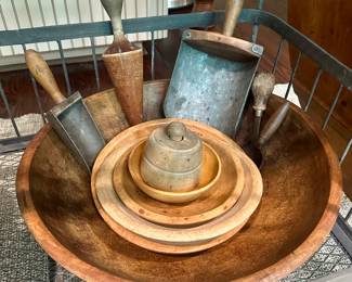 Antique bowls and kitchen tools