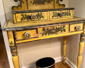 Fancy Sheraton yellow dressing table. Original paint and pulls. C. 1820. 31"w x 14"d x 41"h (top of backboard)