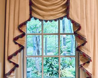 Salamander (fabric and trim) window treatments. Swag and Jabot on board. 4 available.