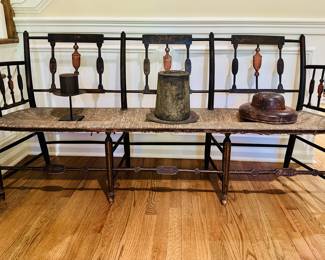 New England painted Sheraton settee with rush seat. Early 1800's. 70W x 33.5H x 20D.