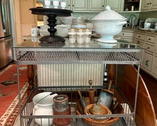 French iron garden table with glass top on casters. Early 20th C. 47W x 32 D X 30H