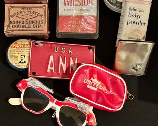 Vintage matches, playing card set, personal care items, and other smalls