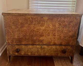 Early 19th century blanket/mule chest. Yellow grain and vinegar painted. One drawer, iron handles. Original surface. 37L x 17W x 28.5H