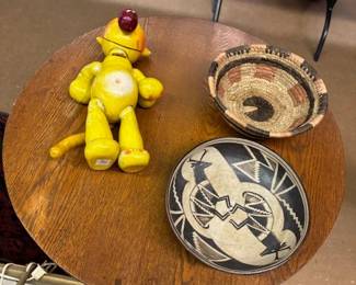Eugene (of Popeye) the JEEP toy doll, woven basket, Native American bowl