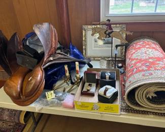 watches, metal rocking horse, brass anchor candle holders, and more!