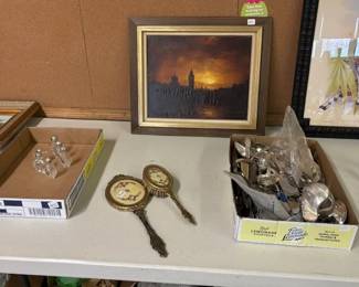 oil on canvas, silver plate lot & more